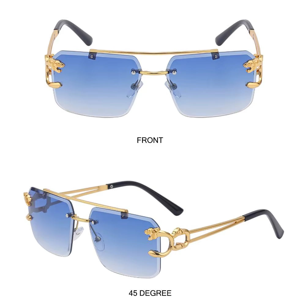 Fashion Leopard Rimless Square Double Bridge Sun Glasses Vintage Women Men Sunglasses UV400 Steampunk Eyewear Retro Shades