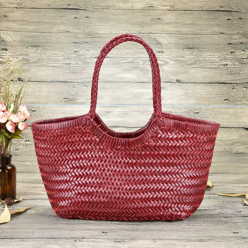 Hand-Woven Genuine Leather Woven Casual Vegetable Basket Bag with Casual Woven inside Bag Vintage Shopping Bag Tote Bag
