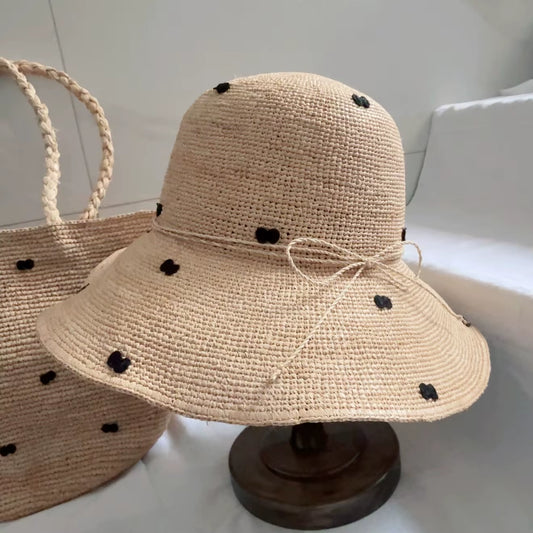 Raffia Straw Bow Decor Sun Hat & Tote Bag Set | Natural Handmade Beach Accessories, Foldable Wide Brim Hat Large Capacity Bag |