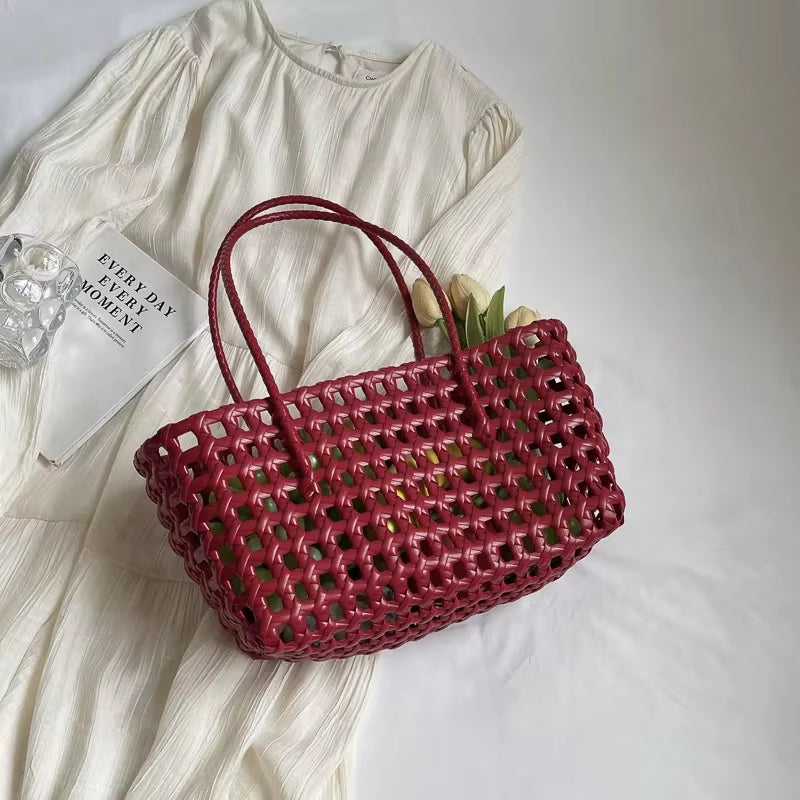 LEFTSIDE Small Solid Color Weave Tote Bags for Women 2024 Fashion Summer Shoulder Bags Simple Handbags Hollow Out Beach Bag