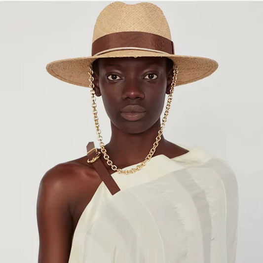 Chain Strap Straw Fedora Hat Embellished Beach Hats with Chain for Women Straw Woven Sun Hats Summer Holidaty Panama Hat