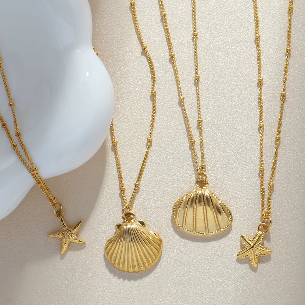 Ocean Series Pendant Necklace for Women Golden Chain Shell Starfish Pendant Summer Beach Women Stainless Steel Jewelry 2025 New