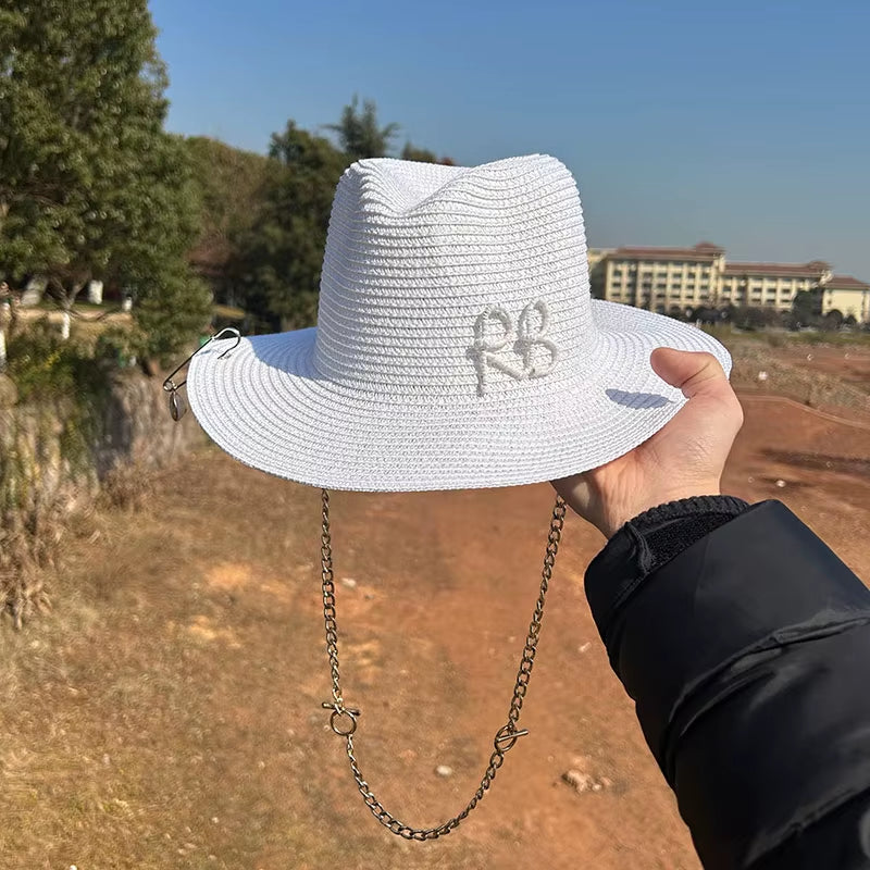 Summer Fedora Hat Metal Chain Beach Hats Customized New English Letter Hats for Men and Women Panama Punk Hats Derby Party Hat