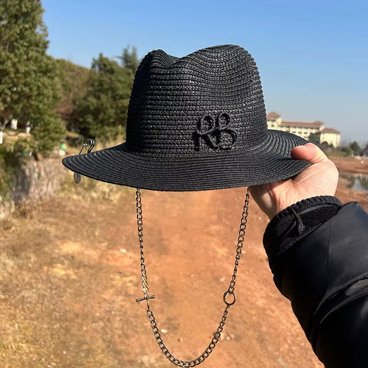 Summer Fedora Hat Metal Chain Beach Hats Customized New English Letter Hats for Men and Women Panama Punk Hats Derby Party Hat
