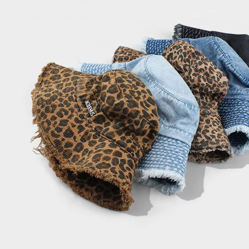 2025 Blue Leopard Print Cowboy Hiking Bucket Hats with String Women Denim Beach Sun Hat Outdoor Bob Panama Summer Fisherman Cap