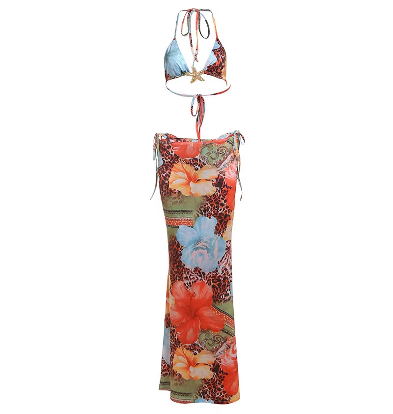 Bikini Trois Pièces Ensemble Haut Court Cravate-Détail Imprimé Floral Ensemble Jupe Costume