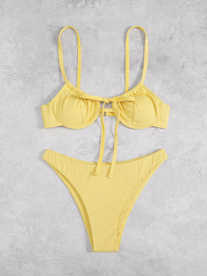 2025 Push up Bikini Women Rib Tie Front Swimsuit Sexy Underwire Swimwear Female Bathers Bathing Swimming Suit Summer Beachwear