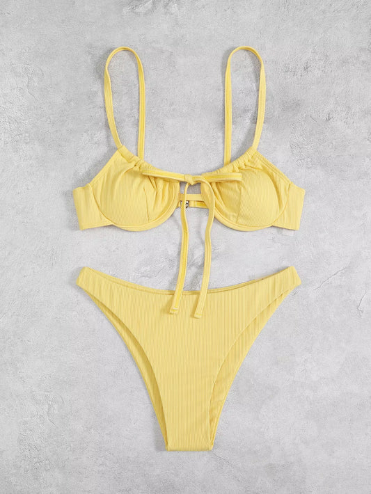 2025 Push up Bikini Women Rib Tie Front Swimsuit Sexy Underwire Swimwear Female Bathers Bathing Swimming Suit Summer Beachwear