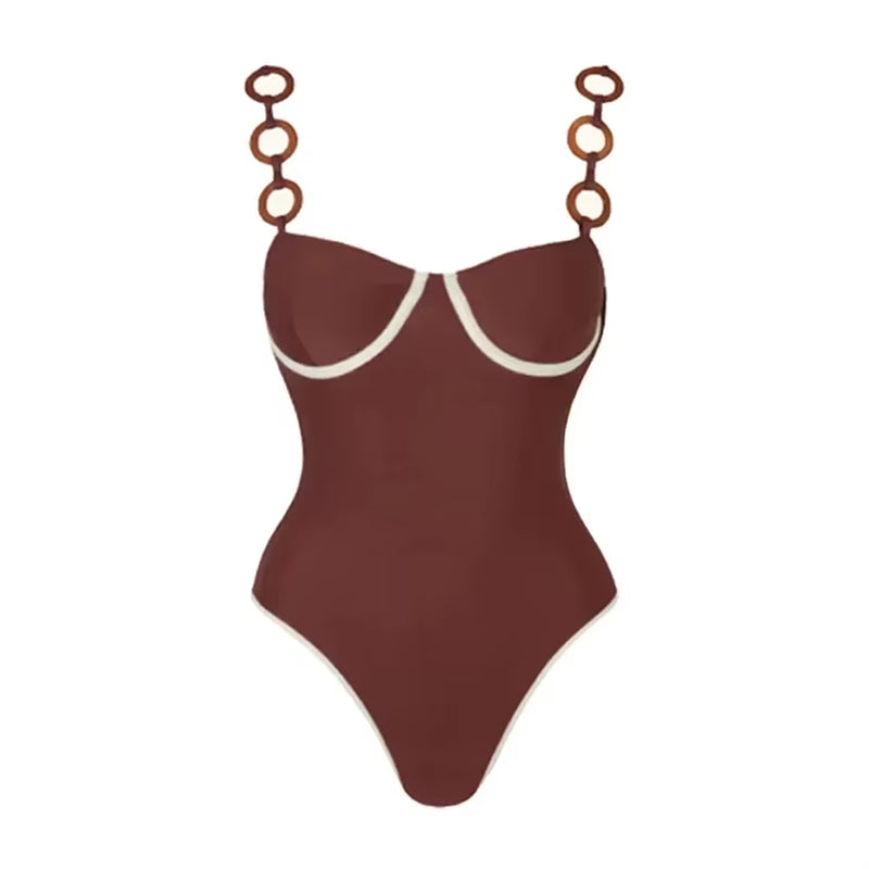 2024 Swimsuit Ring Decoration Brown One Piece Women Swimwear Vacation Beachwear Clearance Wholesale