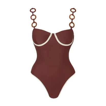 2024 Swimsuit Ring Decoration Brown One Piece Women Swimwear Vacation Beachwear Clearance Wholesale