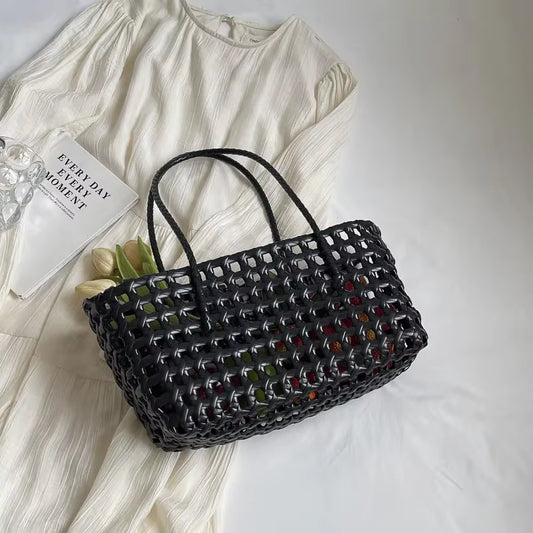 LEFTSIDE Small Solid Color Weave Tote Bags for Women 2024 Fashion Summer Shoulder Bags Simple Handbags Hollow Out Beach Bag