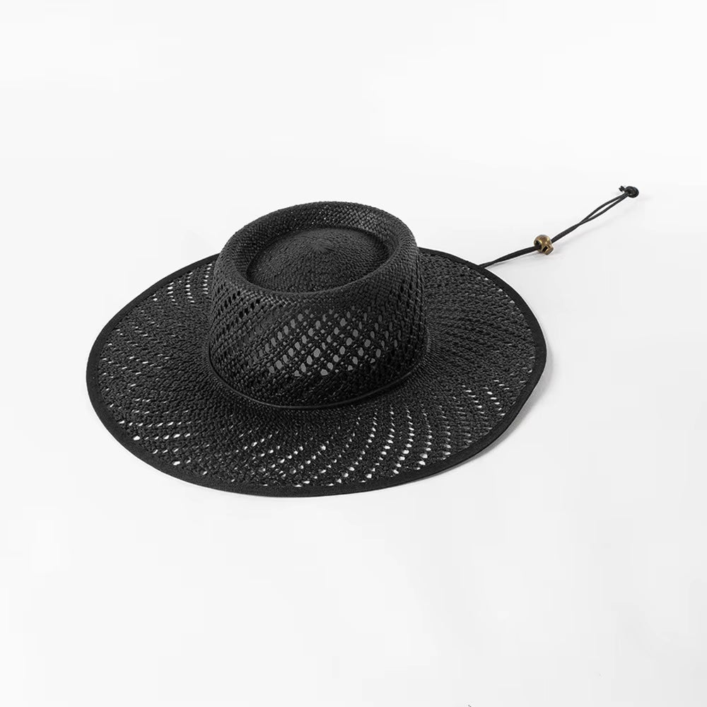 New Designer Style Hollow Big Brim Beach Straw Hats for Women with Straps Fashion Design Summer Sun Hats Lady Panama Fedora Hat