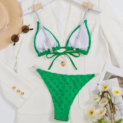 Solid Color Green Two-Piece Swimsuit for Women,Low Waist Bikini,V-Neck Bandage Suspender Backless Swimwear,2024 Summer New