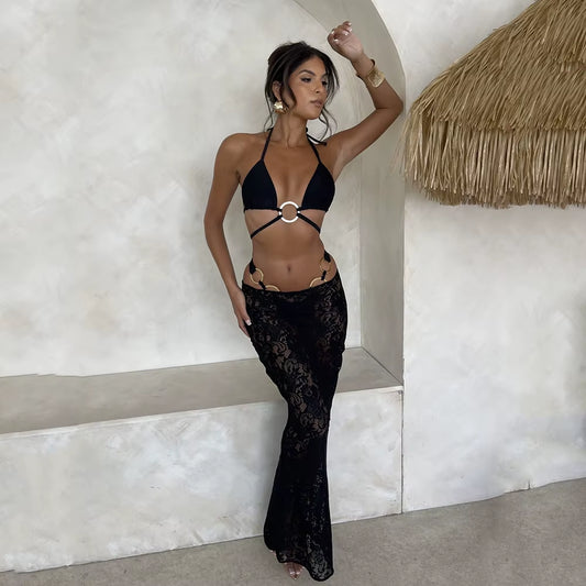Sexy Black 3 Pieces Micro Bikinis Women Swimsuit 2024 Swimwear Bathing Suit Beachwear with Lace Skirt Bikini Set Biquini Female