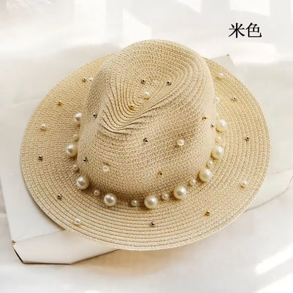 New Spring Summer Hats for Women Flower Beads Wide Brimmed Jazz Panama Hat Sun Visor Beach Hat Flower Pearl Rivet Straw Hat