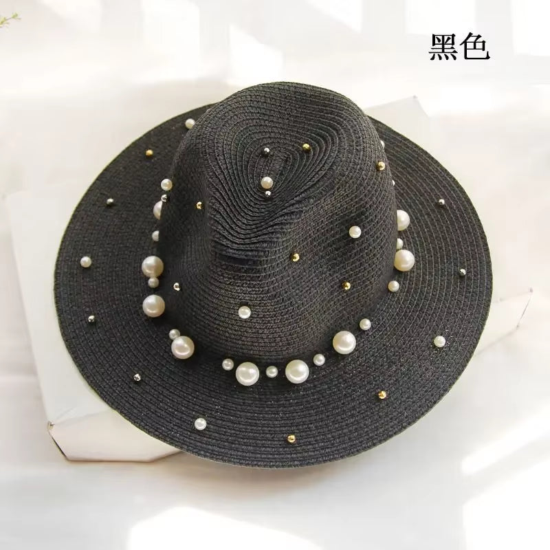 New Spring Summer Hats for Women Flower Beads Wide Brimmed Jazz Panama Hat Sun Visor Beach Hat Flower Pearl Rivet Straw Hat