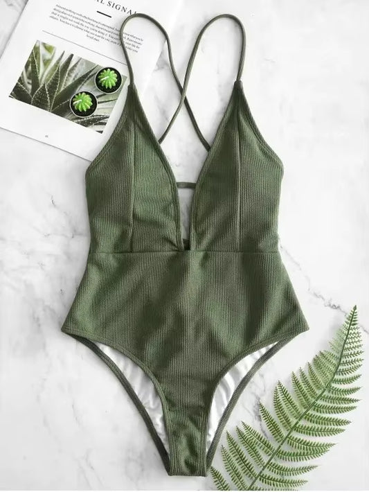2024 Sexy Halter Solid Women Swimwear Blue High Cut Out One Piece Swimsuit Backless Thong Swim Suit Female Bathing Suit Monokini