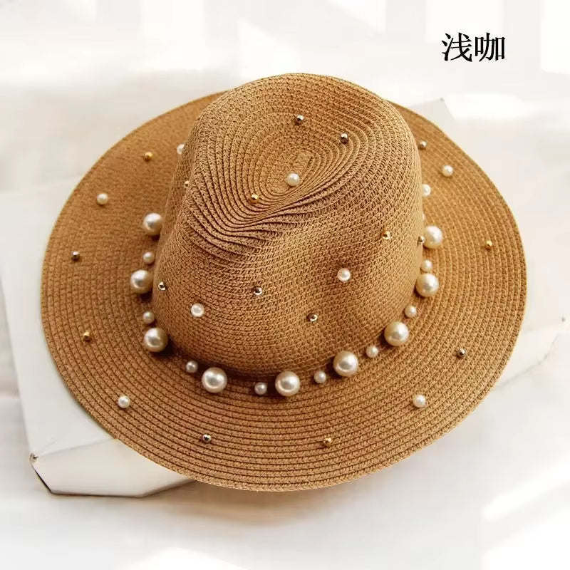 New Spring Summer Hats for Women Flower Beads Wide Brimmed Jazz Panama Hat Sun Visor Beach Hat Flower Pearl Rivet Straw Hat