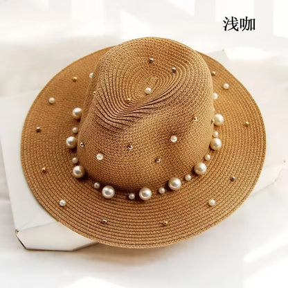 New Spring Summer Hats for Women Flower Beads Wide Brimmed Jazz Panama Hat Sun Visor Beach Hat Flower Pearl Rivet Straw Hat