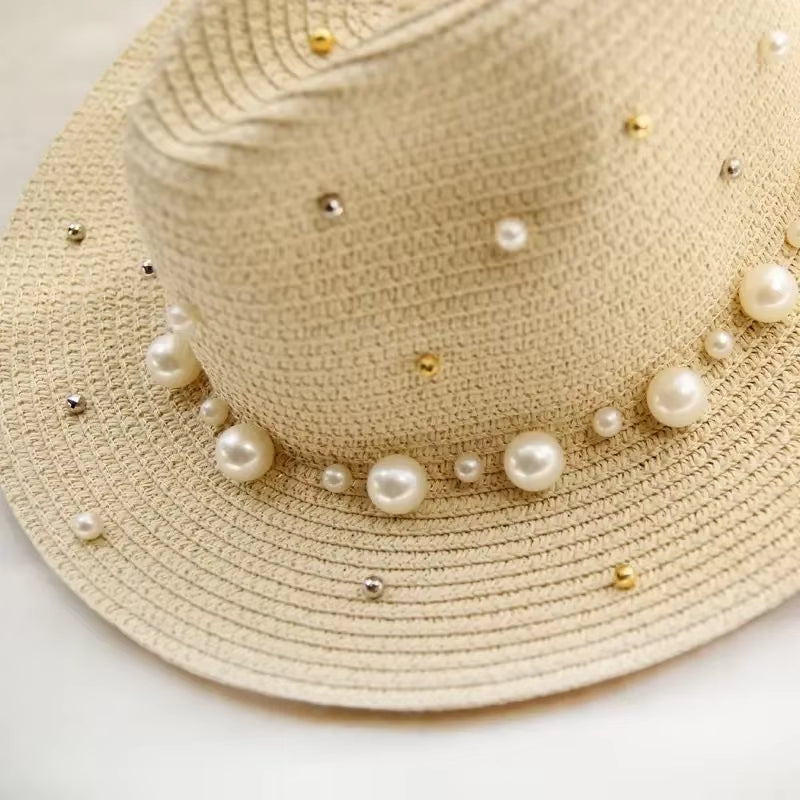 New Spring Summer Hats for Women Flower Beads Wide Brimmed Jazz Panama Hat Sun Visor Beach Hat Flower Pearl Rivet Straw Hat