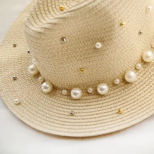 New Spring Summer Hats for Women Flower Beads Wide Brimmed Jazz Panama Hat Sun Visor Beach Hat Flower Pearl Rivet Straw Hat