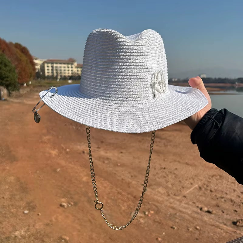 Summer Fedora Hat Metal Chain Beach Hats Customized New English Letter Hats for Men and Women Panama Punk Hats Derby Party Hat