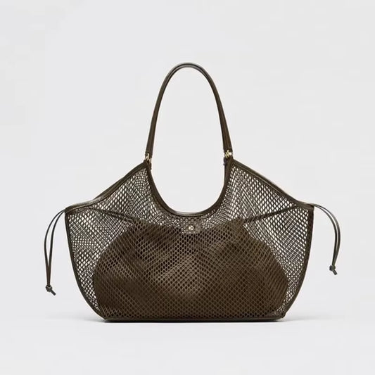 Women Large Capacity Mesh Beach Travel Shoulder Bag Casual Shopper Totes Beach Toy Storage Bag Hollow Mesh Fishing Net Tote Bag