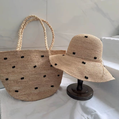 Raffia Straw Bow Decor Sun Hat & Tote Bag Set | Natural Handmade Beach Accessories, Foldable Wide Brim Hat Large Capacity Bag |