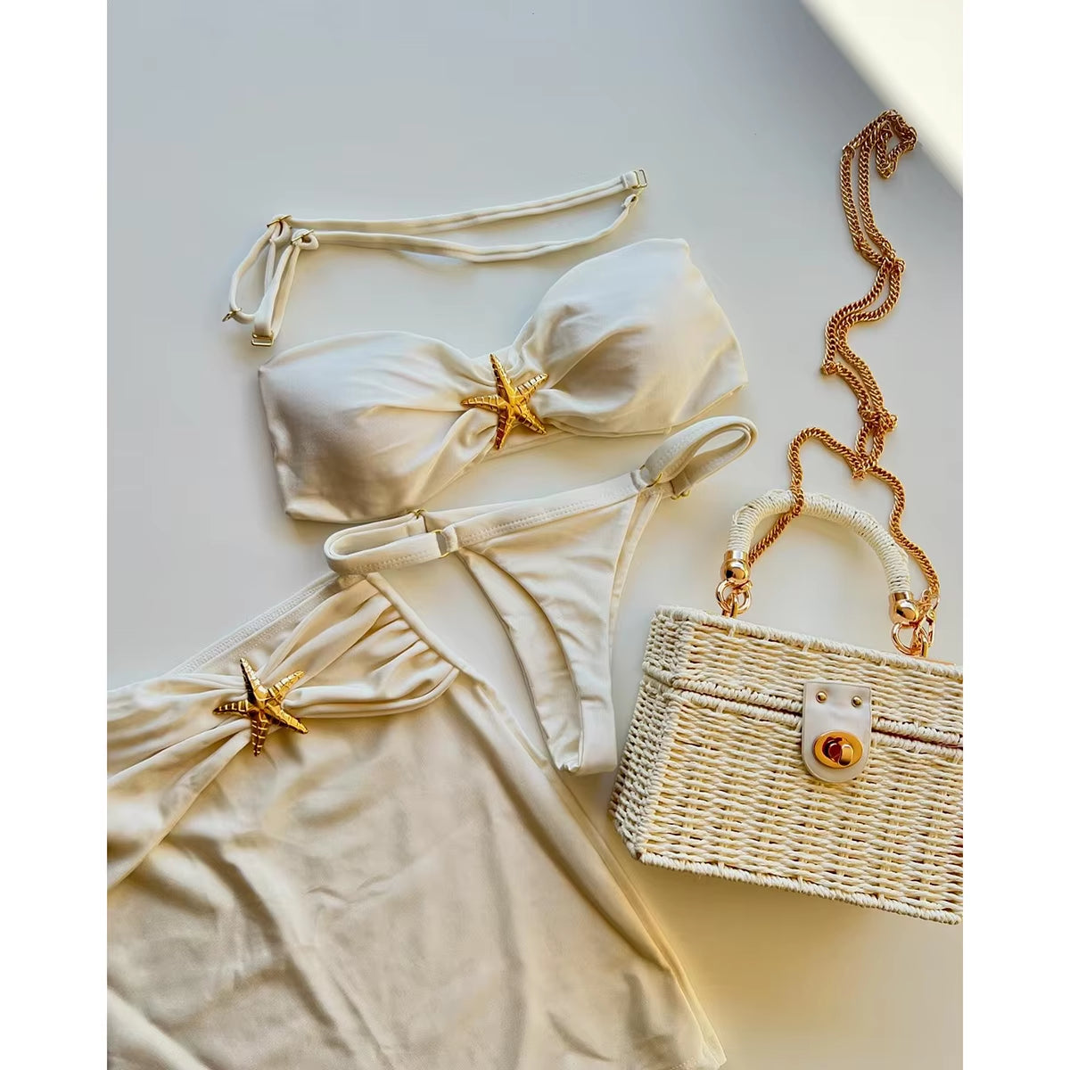 3 Pieces Bikini Set Bandeau Bikini 2024 Sexy Women Swimsuit Shiny Skirt Female Swimwear Starfishbathing Suit Beachwear Cover Ups