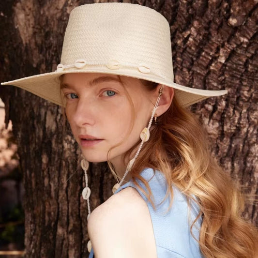 French Vintage Jazz Straw Hat Summer Beach Straw Hat for Women with Shell Strap | Handwoven Wide Brim Sun Hat for Vacation