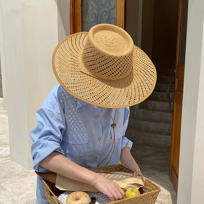 New Designer Style Hollow Big Brim Beach Straw Hats for Women with Straps Fashion Design Summer Sun Hats Lady Panama Fedora Hat