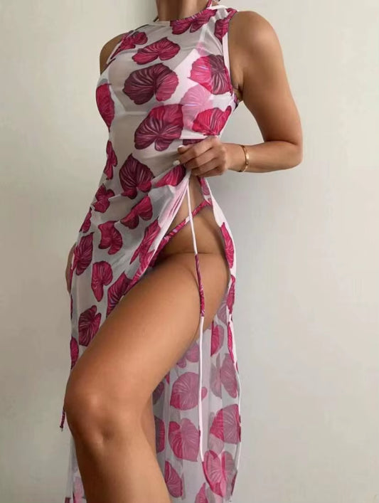 3 Pieces Leaf Print Thong Bikini 2025 Women with Cover up Swimwear Female Trikini Swimsuit Bathers Bathing Swimming Suit Summer
