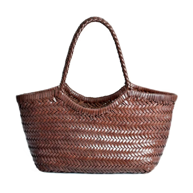 Hand-Woven Genuine Leather Woven Casual Vegetable Basket Bag with Casual Woven inside Bag Vintage Shopping Bag Tote Bag