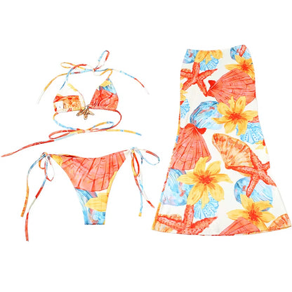 Bikini Trois Pièces Ensemble Haut Court Cravate-Détail Imprimé Floral Ensemble Jupe Costume