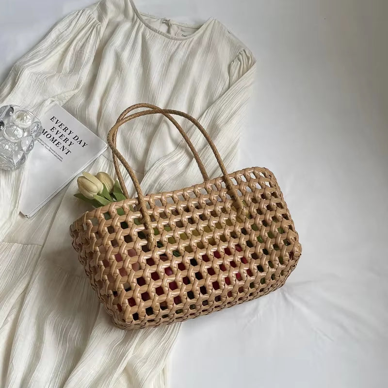 LEFTSIDE Small Solid Color Weave Tote Bags for Women 2024 Fashion Summer Shoulder Bags Simple Handbags Hollow Out Beach Bag