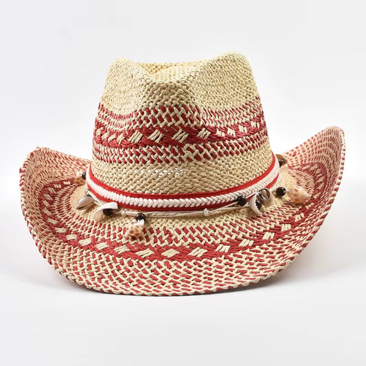 Natural Straw Hats for Women Ethnic Style Western Cowboy Hat Summer Holidays Beach Sun Hat