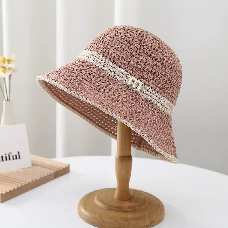 2023 Summer Knitted Hollow Sun Hats for Women Matching Color Sunshade Ladies Holiday Beach Bucket Hat Fisherman Cap Wholesale
