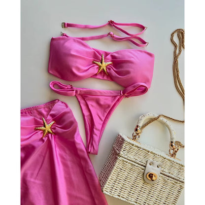 3 Pieces Bikini Set Bandeau Bikini 2024 Sexy Women Swimsuit Shiny Skirt Female Swimwear Starfishbathing Suit Beachwear Cover Ups