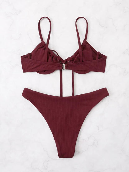 2025 Push up Bikini Women Rib Tie Front Swimsuit Sexy Underwire Swimwear Female Bathers Bathing Swimming Suit Summer Beachwear