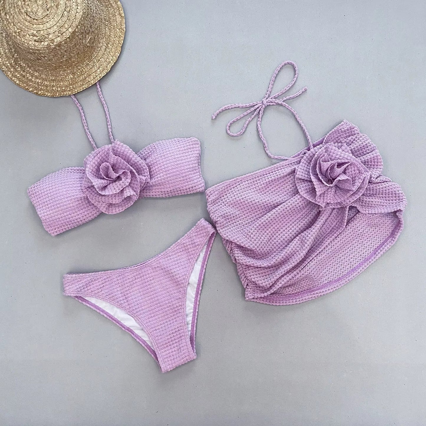 3 Pieces Bikini Sexy Women Swimsuits Female Swimwear Floral Bikini Sets Cover Ups Swimming Suits Outfits Beachwear Maxi Dress