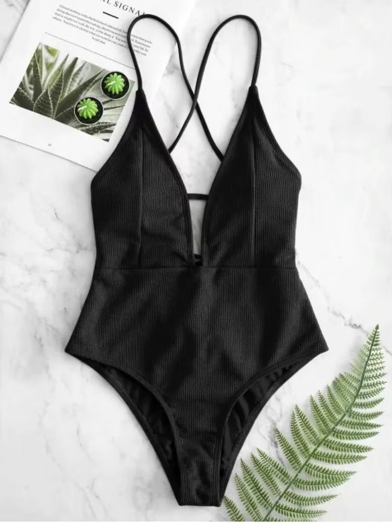 2024 Sexy Halter Solid Women Swimwear Blue High Cut Out One Piece Swimsuit Backless Thong Swim Suit Female Bathing Suit Monokini