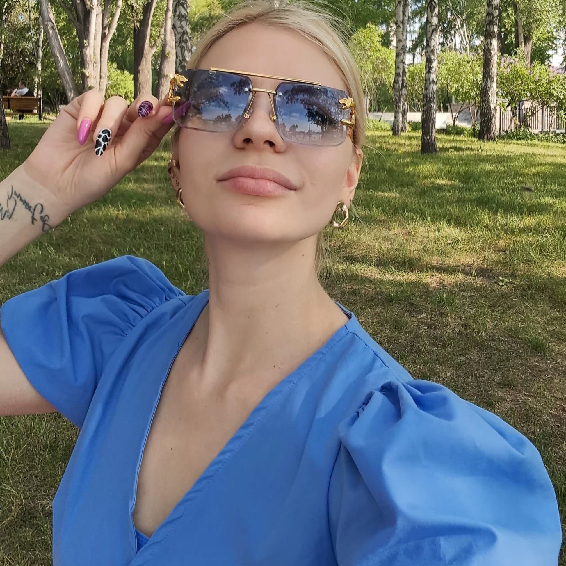 Fashion Leopard Rimless Square Double Bridge Sun Glasses Vintage Women Men Sunglasses UV400 Steampunk Eyewear Retro Shades